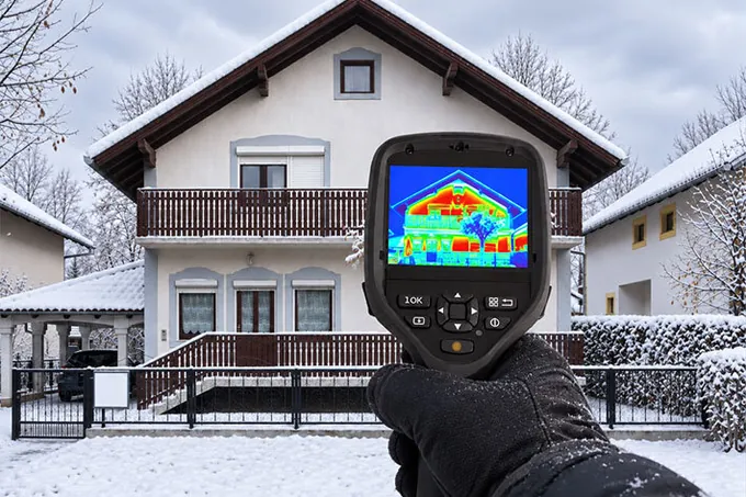 Gloved hand holding a thermal camera toward a snowy two-story house, showing heat escaping in red and yellow