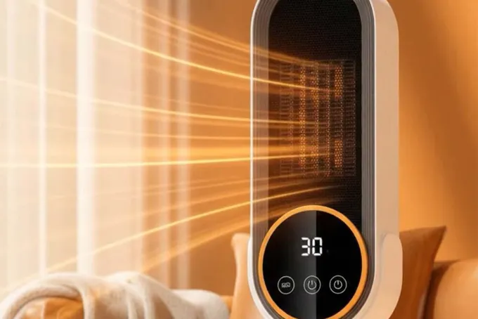 Heatomi on the arm of an orange sofa next to a folded blanket, warm light streaming through the window
